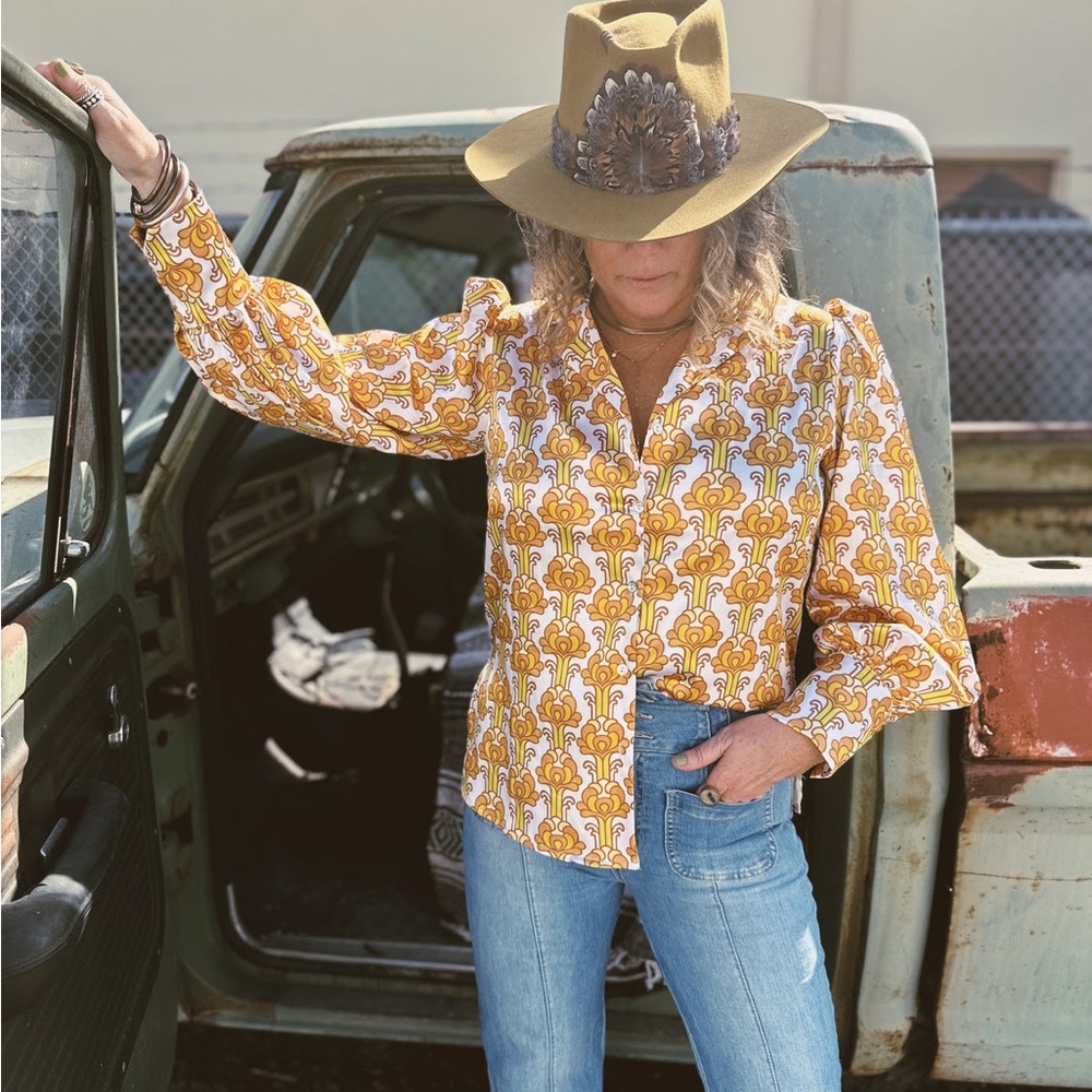 Women's Yellow Patterned Button Down Shirt NWT - image 1